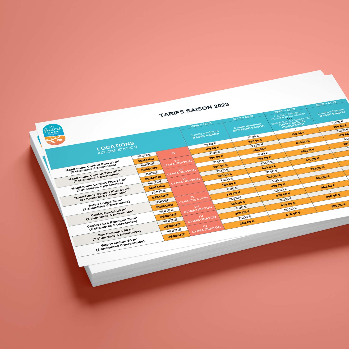 Fiches tarifaires pour camping conçues et imprimées par l'agence Koro Marketing à Nantes
